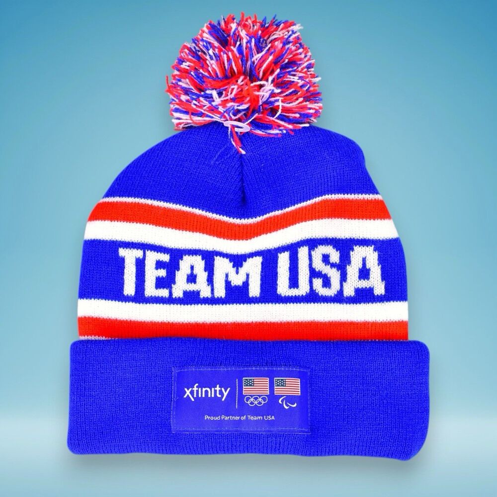 Xfinity Team USA American Flag POM KNIT Beanie Olympics  Blue stripes